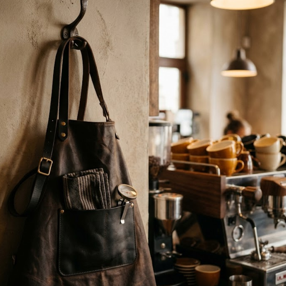 Dark espresso brown leather barista apron hanging on a hook beside a coffee bar