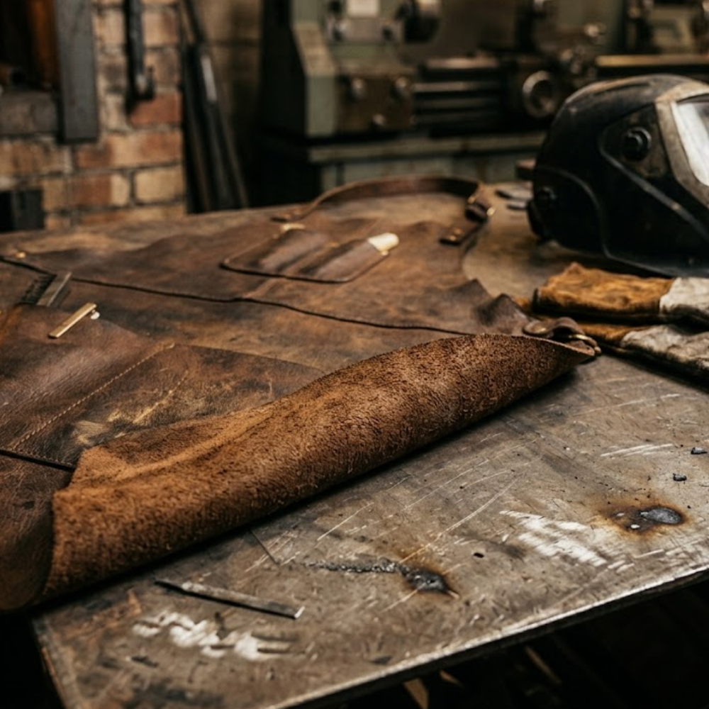 Thick heavy duty leather welding apron laid flat beside a welding helmet and gauntlet gloves