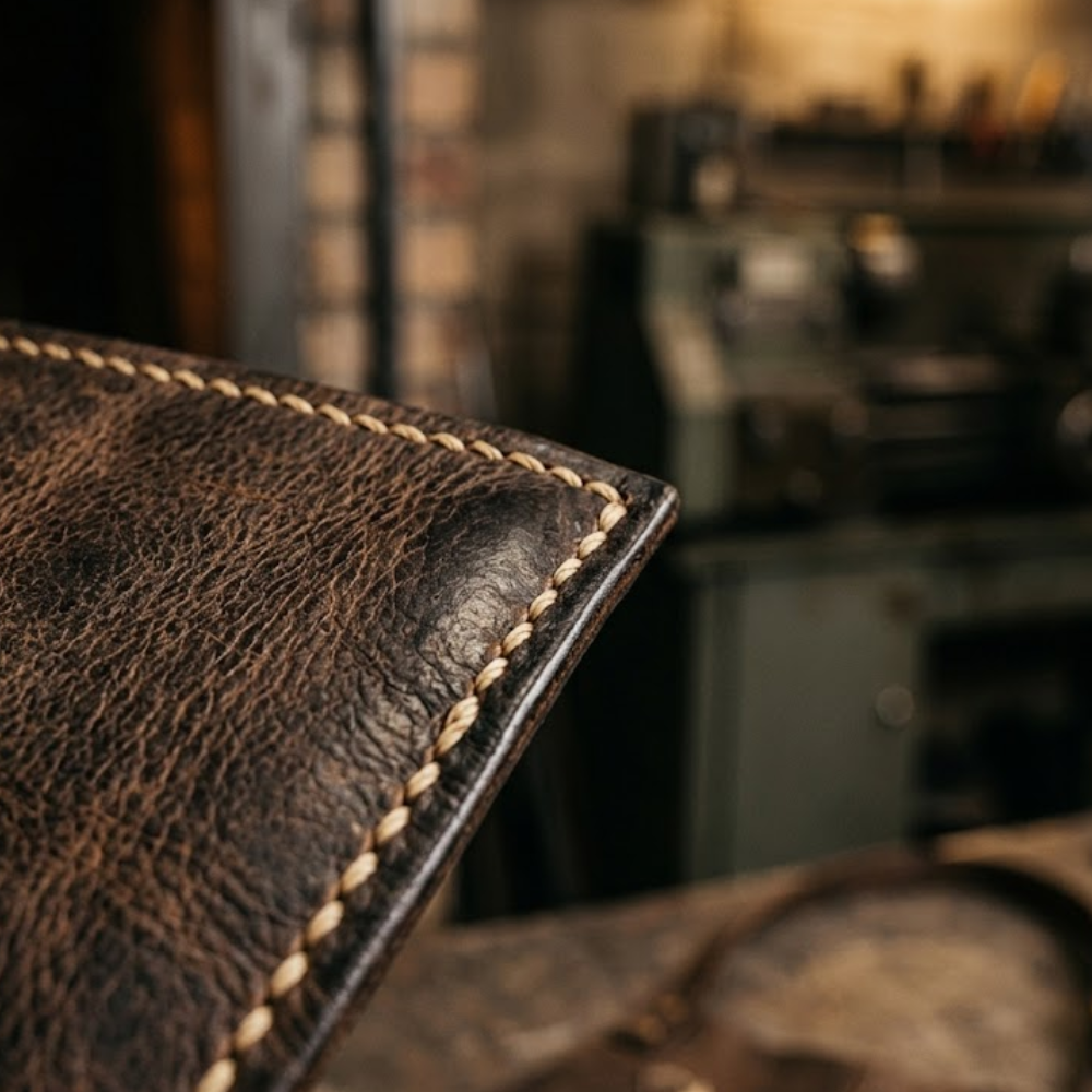 Close up of saddle stitching and a burnished edge on a leather welding apron pocket