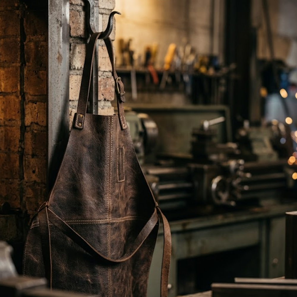 Heavy duty leather welding apron with full chest to thigh coverage hanging in an industrial workshop