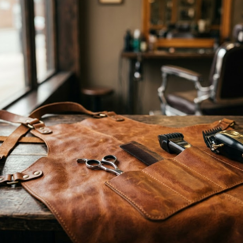 Cognac leather barber apron laid flat beside barber shears, a comb, and a clipper