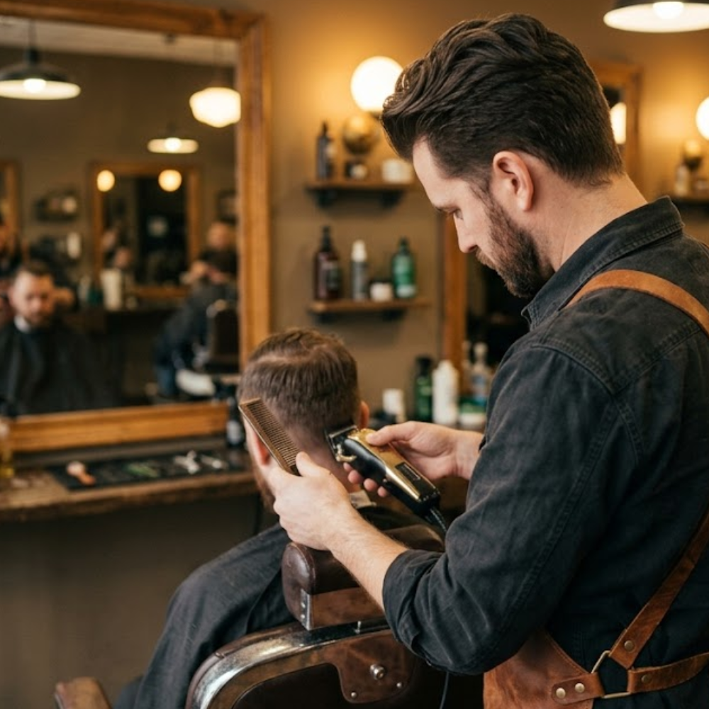 Barber wearing a cognac leather apron with crossback straps while working at the chair