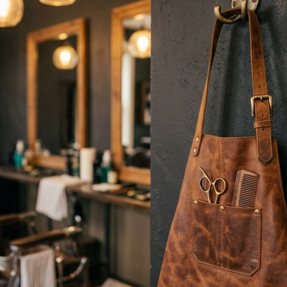 Cognac leather barber apron with brass buckles hanging on a hook in a modern barbershop