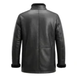 backside shot Men's black shearling leather coat with stand fur collar and button front, Draven by Rove Leather