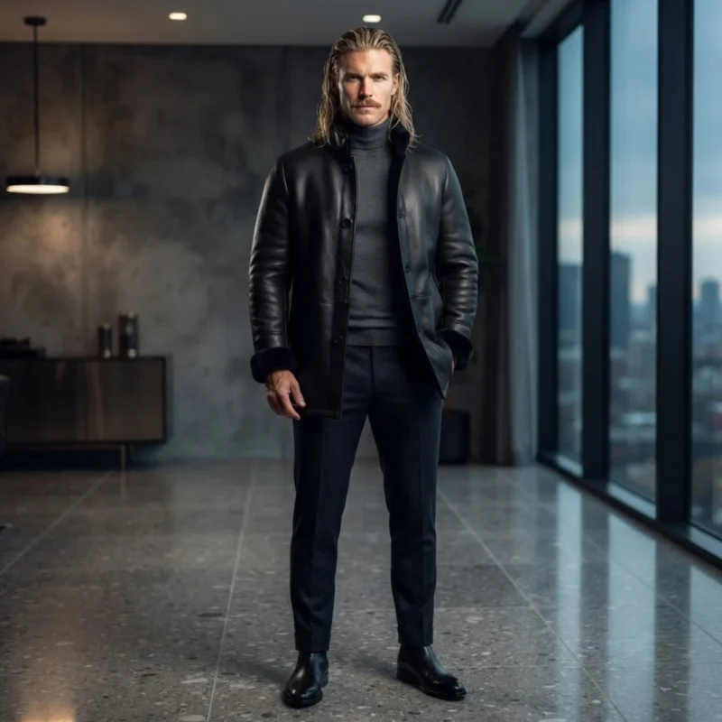 man wearing Men's black shearling leather coat with stand fur collar and button front, Draven by Rove Leather