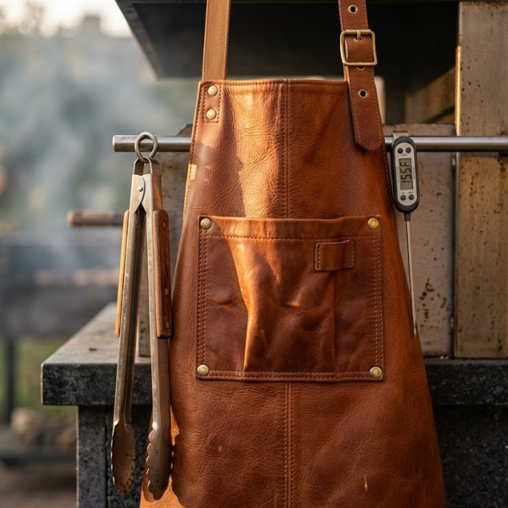 Cognac leather BBQ apron with a large front pocket hanging beside grilling tools
