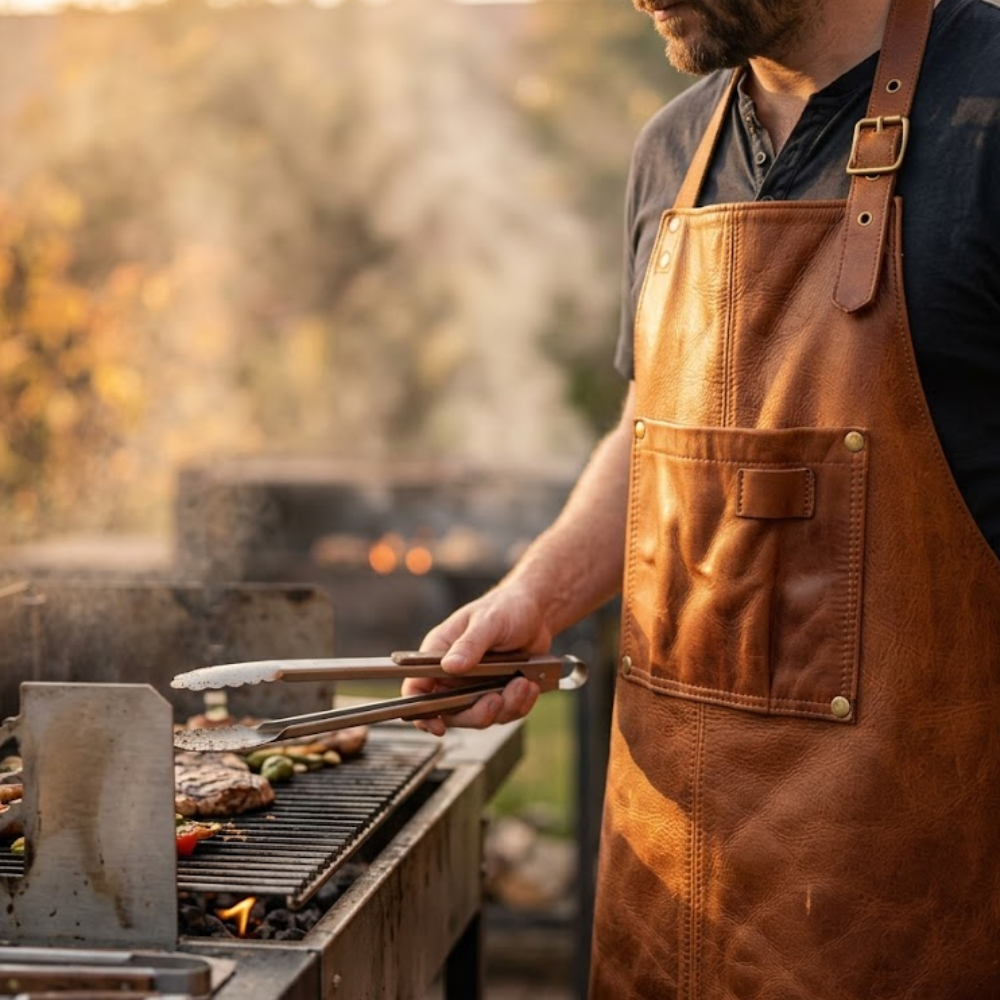 Person wearing a full bib cognac leather BBQ apron while grilling outdoors