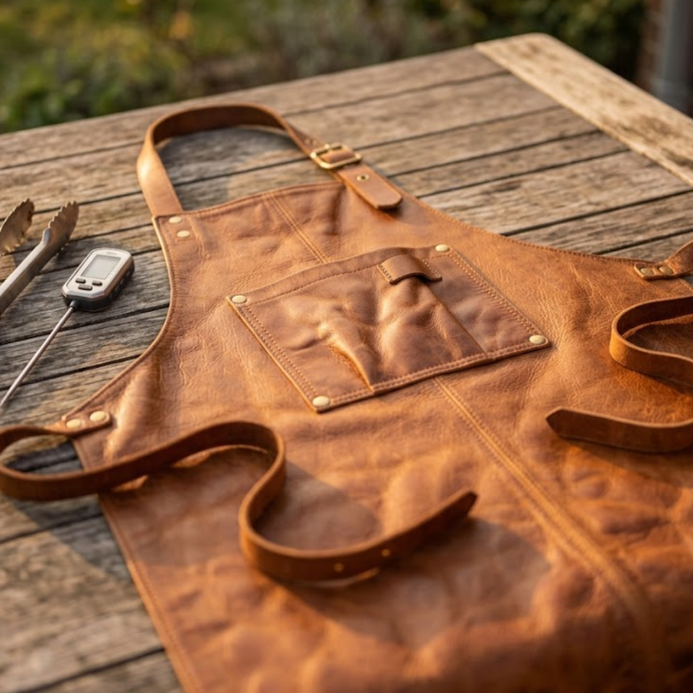 Cognac leather BBQ apron with brass buckle and tie waist straps laid on an outdoor table
