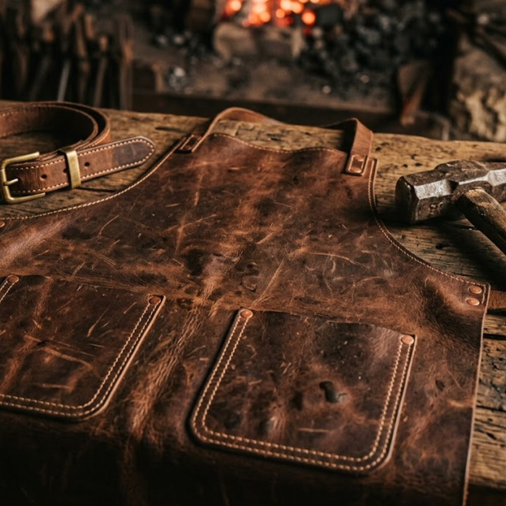 Thick brown leather blacksmith apron with dual pockets and copper rivets on a workbench