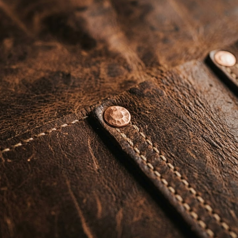 Close up of copper rivets and contrast stitching on a leather blacksmith apron pocket