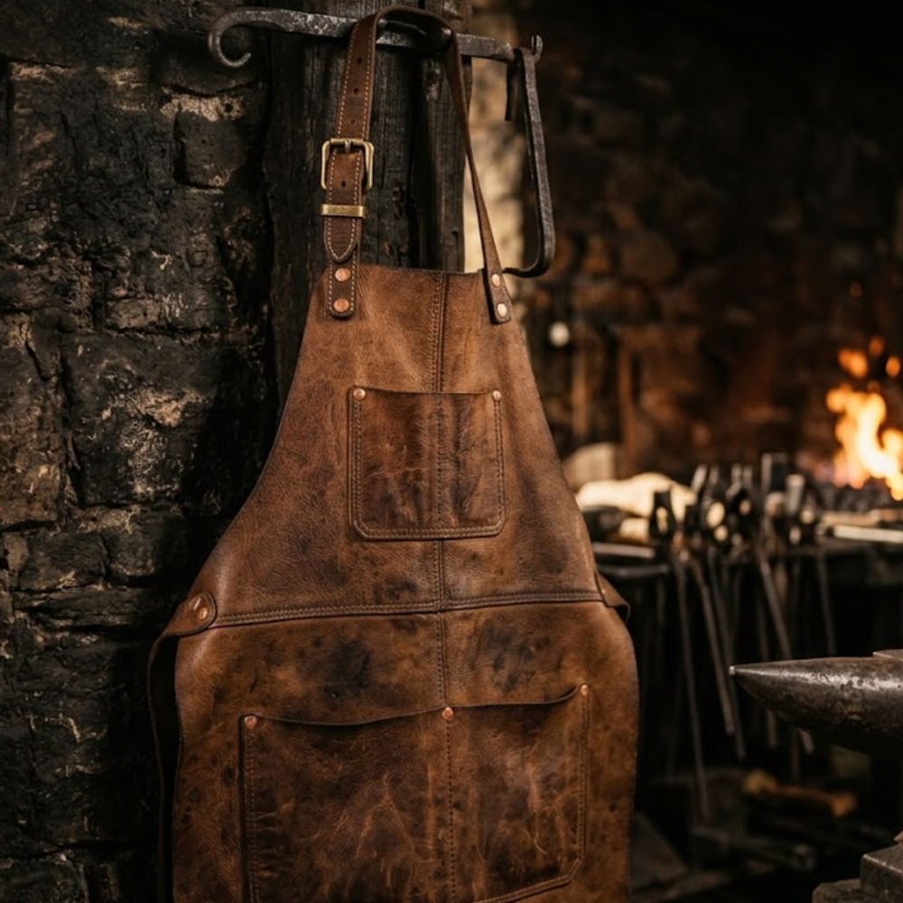 Brown leather blacksmith apron with full bib coverage hanging in a forge workshop