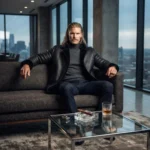 man wearing Men's black shearling leather coat with stand fur collar and button front, Draven by Rove Leather