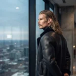 man wearing Men's black shearling leather coat with stand fur collar and button front, Draven by Rove Leather