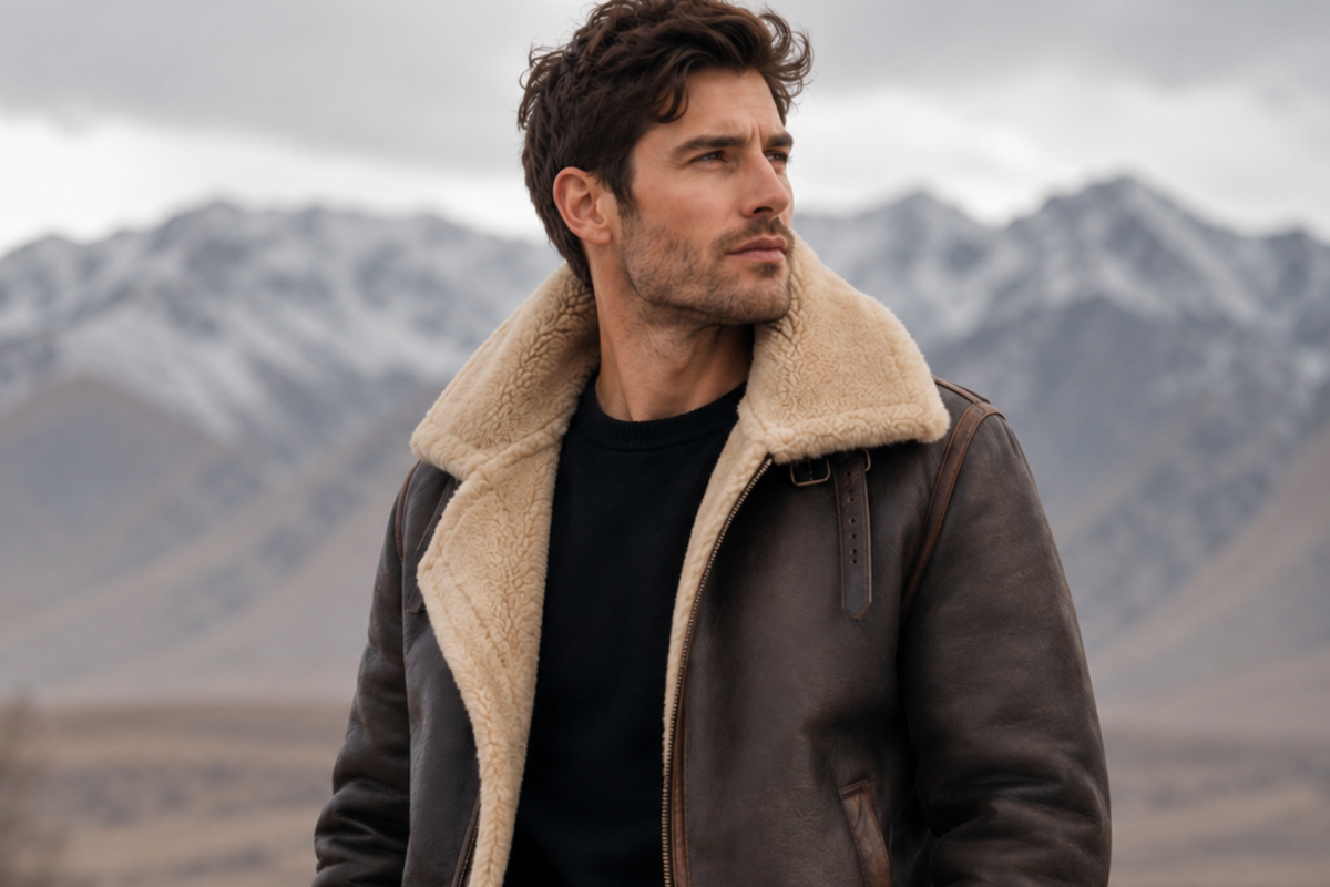 man wearing shearling leather jacket by rove leather