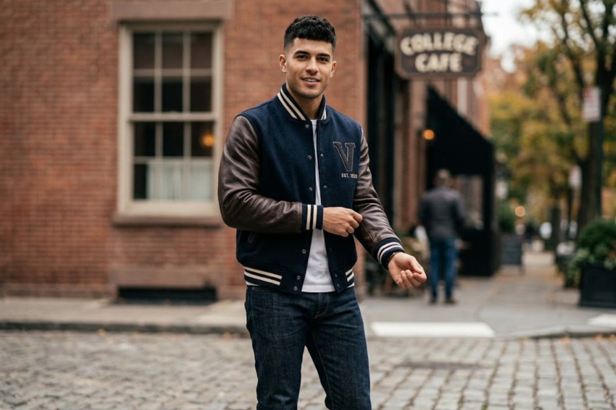 man wearing varsity leather jacket by rove leather