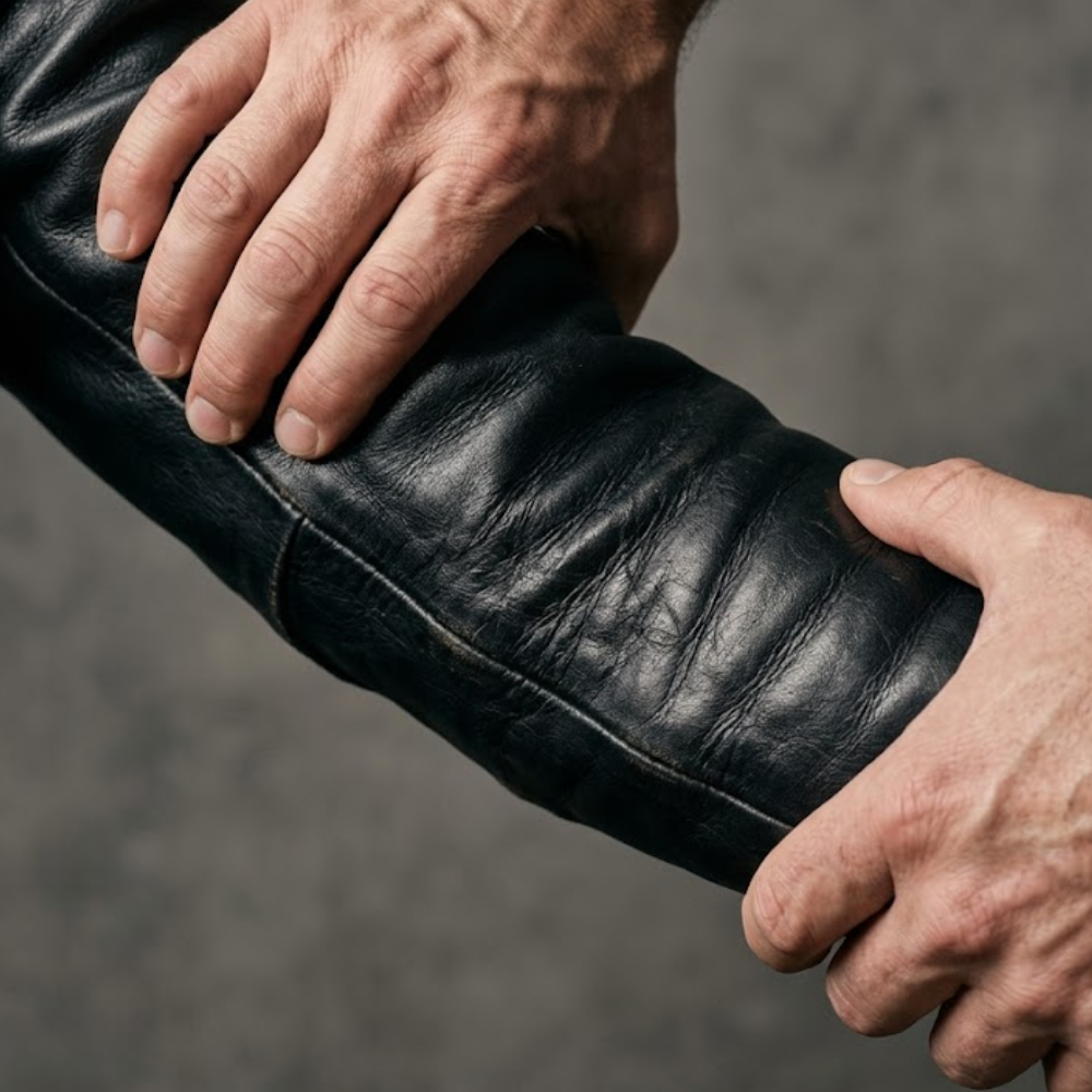 Hands flexing a stiff new black leather jacket sleeve to begin the break in process