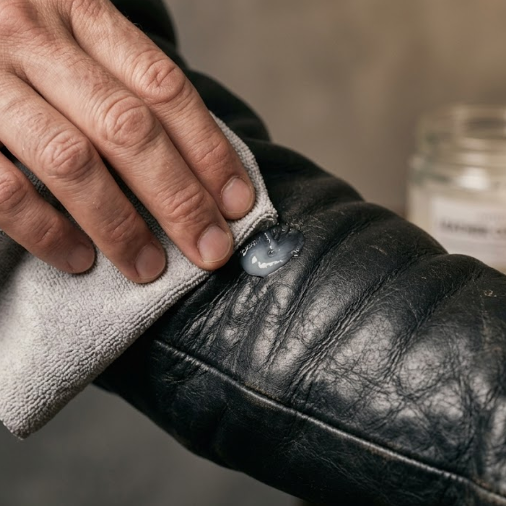 Hand applying leather conditioner with a soft cloth to a black leather jacket sleeve