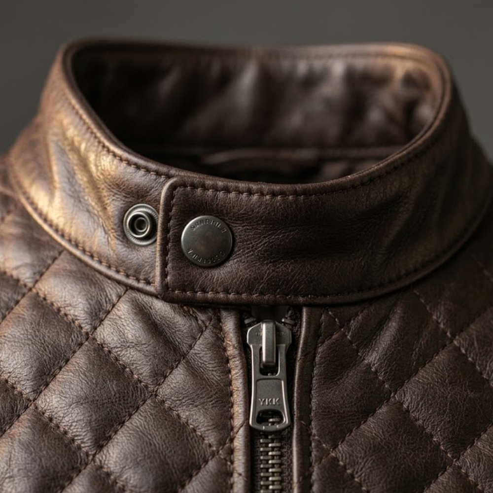 Close up of snap tab mandarin collar and center zip on a brown leather cafe racer jacket