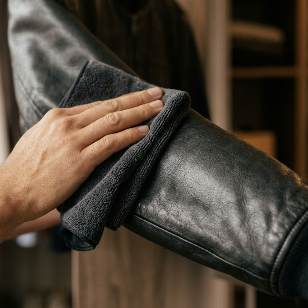 Hand wiping down a black leather jacket sleeve with a soft microfiber cloth