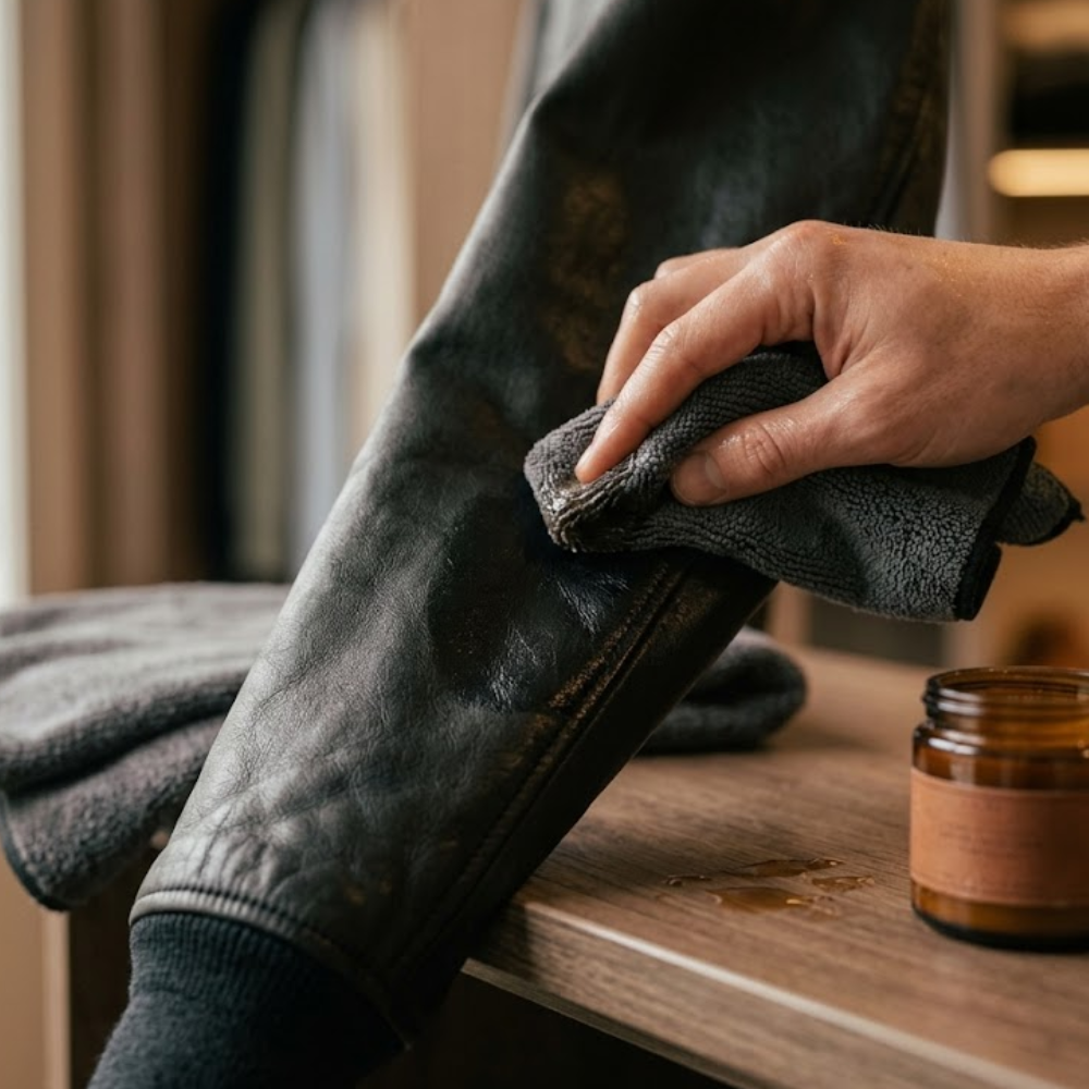 Hand applying leather conditioner to a black leather bomber jacket during colder months