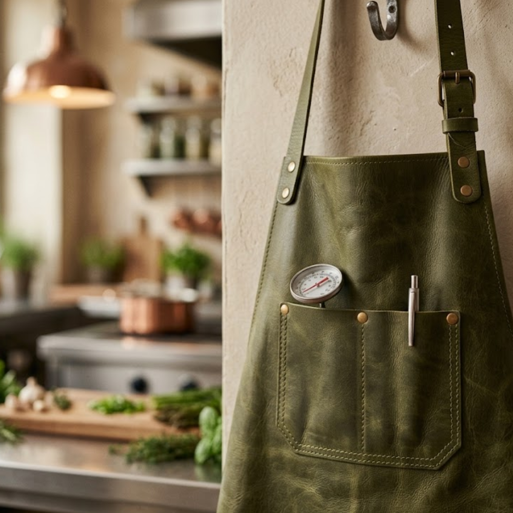 Olive green leather chef apron hanging on a hook with a divided front pocket holding a pen and thermometer