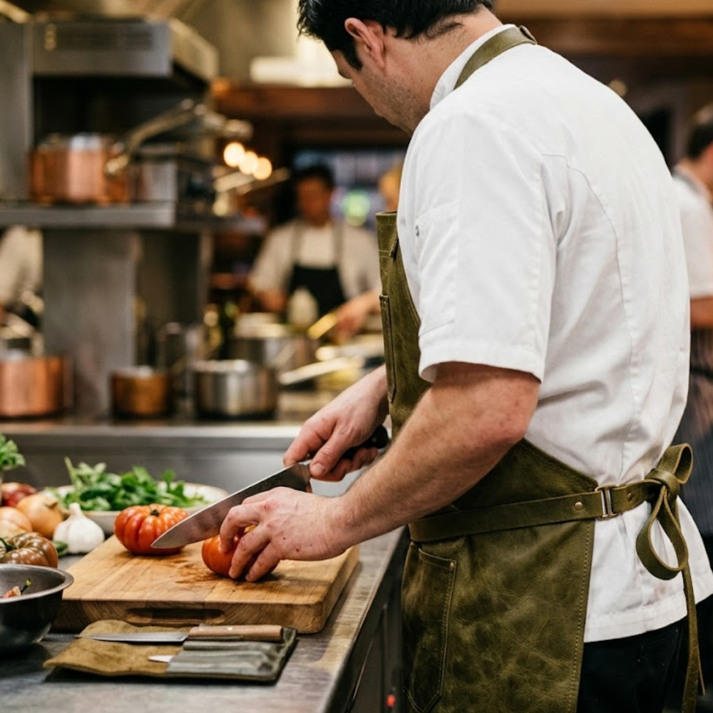 Chef wearing an olive green full grain leather cooking apron while preparing food at a kitchen counter