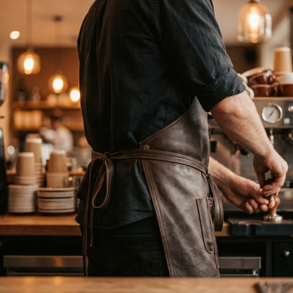 Barista wearing a dark espresso brown leather apron with tie waist behind a specialty coffee bar