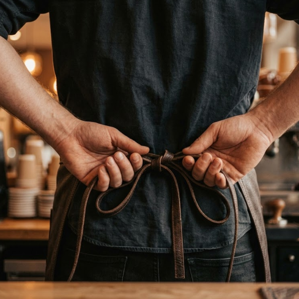 Hands tying the waist strap of a dark espresso brown leather barista apron