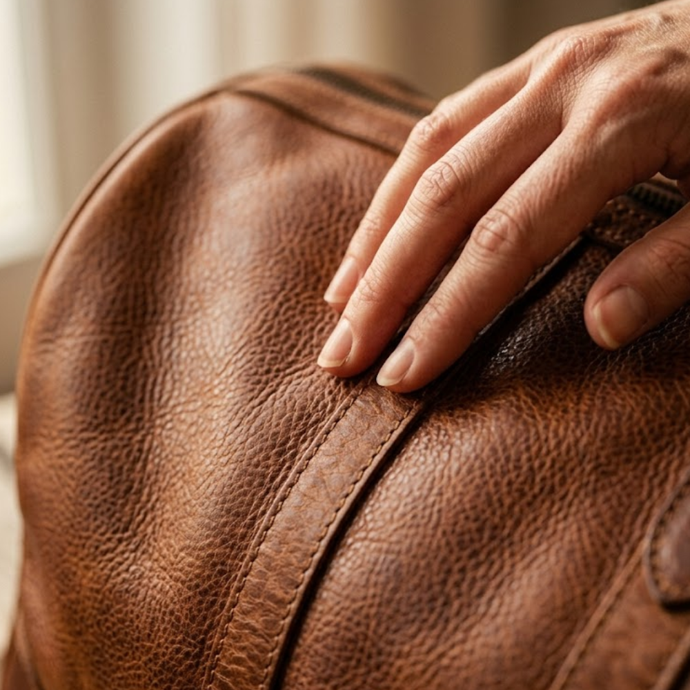 Hand running across the natural grain texture of a cognac brown full grain leather duffel bag
