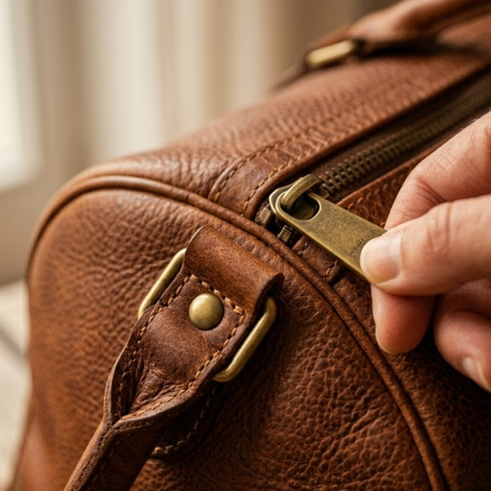 Close up of a solid brass zipper and riveted strap attachment on a cognac leather duffel bag