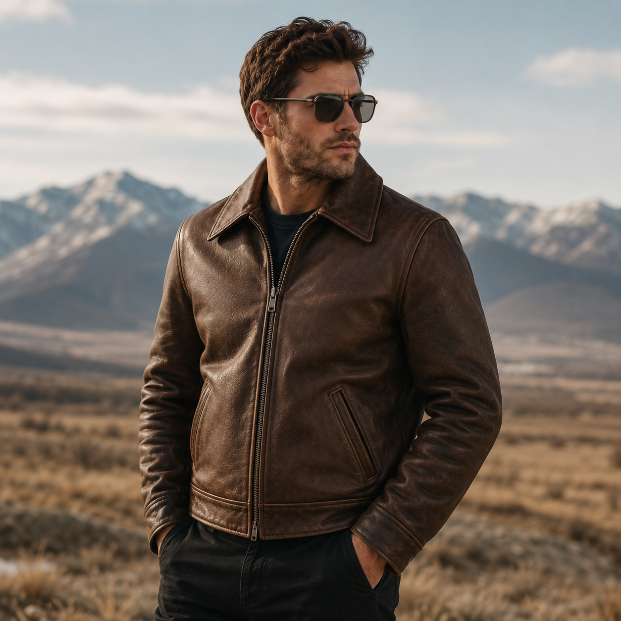 Man wearing a brown leather aviator jacket with wide point collar and full front zip
