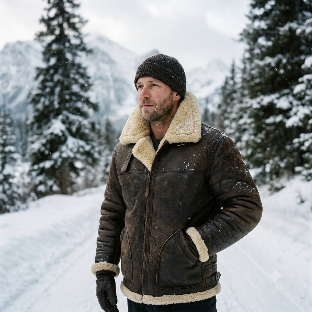 Man wearing a dark brown genuine shearling leather jacket outdoors in cold winter weather
