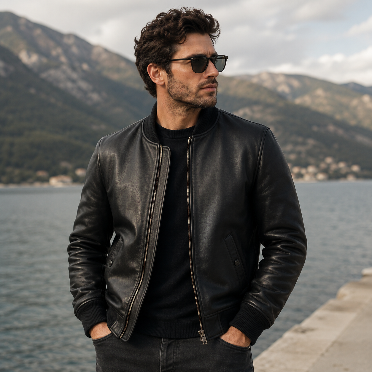 Man wearing a black leather bomber jacket with ribbed knit collar and cuffs
